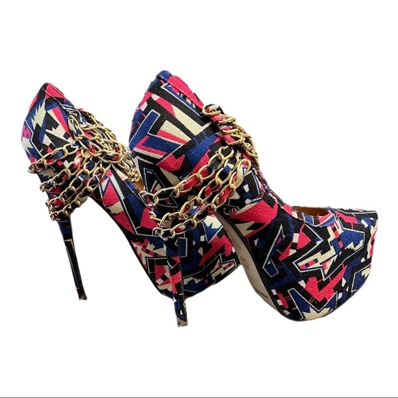 Redkiss Chain 6” Stiletto Heel Size 8.5 Blue Multi Color Geo Print Platform Clog - Picture 3 of 6
